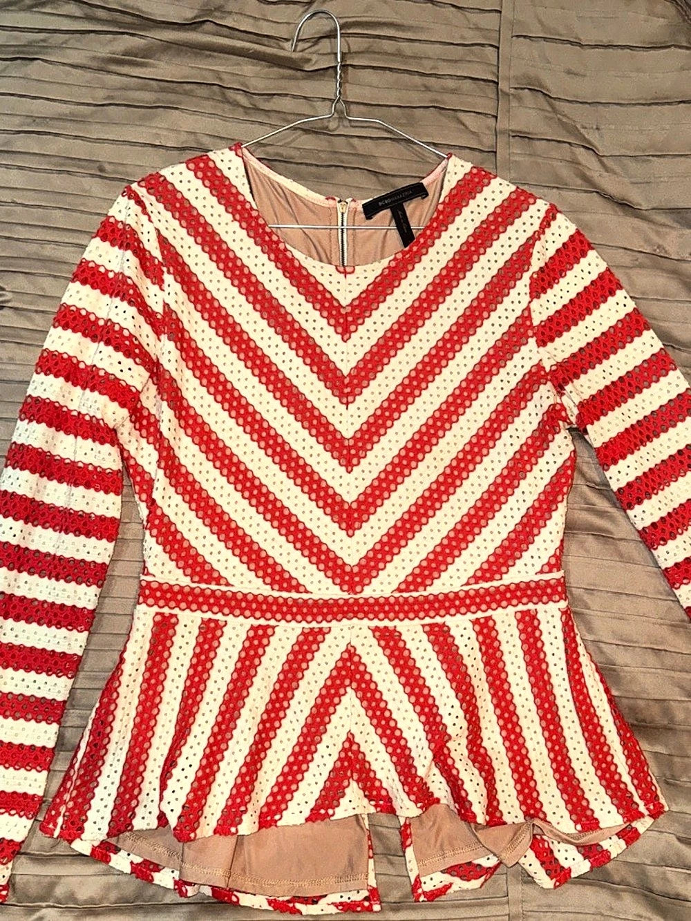 BCBGMAXAZRIA Franseen Striped Eyelet Peplum Long Sleeve Top Red & Cream Large